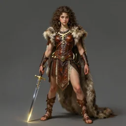 full body portrait of teenage athena holding a dagger, curly brown hair, determined expression, wearing clothing of leather and fur, fringe, bone jewelry, intricate, elegant, leather jewelry, leather sandals, glowing lights, highly detailed, digital painting, artstation, concept art, smooth, sharp focus, illustration, art by wlop, mucha, artgerm, and greg rutkowski
