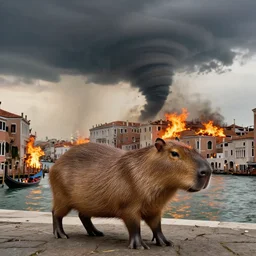 a gigantic capybara roaming the city of venice, the city is on fire, there is a tornado in the background, nature photography, 4k, wide lens, award-winnig photo