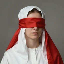 ( blindfolded ) priestess, dressed in white and red, by nikolay makovsky.