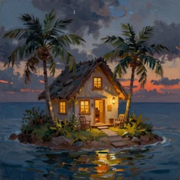 a very very small island! cute cozy cottage!! and lanterns!!!, chairs, fireplace, palm trees, dark very late evening cloudy sunset, dramatic and dynamic lighting, thick brush strokes oil impasto painting