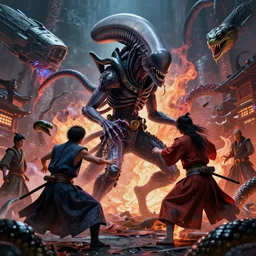 Drop a xenomorph into feudal Japan!!, A demonic pact that tears your soul asunder, security rhox, cinematic, hyper realism, high detail, octane render, unreal engine, 8k, vibrant color, mage duel, Snakes, melting Spaceships!, by andrea chiampo and chet zar