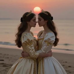 woman love woman, sweet hugs, royal dress, gold trim, atmoshperic, elegant, sharp focus, sand sea, red sun, by 3 8 0 light & color female reference pictures, trending on artstation, intricate details