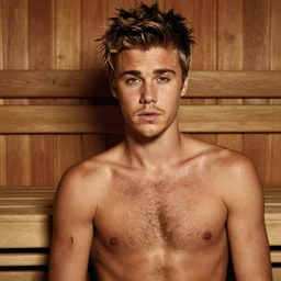 high-resolution photograph of Justin Bieber in a sauna with dark hairy chest