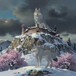 a wholesome animation key shot, wolf spirit totem monastery on the top of a mountain!! winter, smow, studio ghibli, pixar and disney animation, sharp, rendered in unreal engine 5, anime key art by greg rutkowski, bloom, dramatic lighting, volumetric lighting!!
