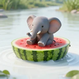 a small elephant sits in a boat made of watermelon and floats on a river of white milk