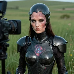 close up of the vaunted mandelbrot goddess, grass meadows backdrop, unorthodox apparel, carbon fiber armor, fractals, ( ( ( ( ( antelope canyon resemblance ) ) ) ) ), still from alien 1 9 7 9, cinematic lighting, 3 5 mm panavision camera