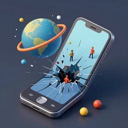 illustration of a mobile phone, phone's sreen is getting cracked and broken by a planet which is popping out, 4 d, detailed and intricate forty five degree isometric cross john berkey and vincent di fate and ralph mcquarrie, maurits cornelis