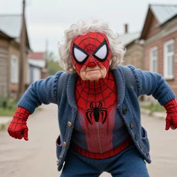 stunning photograph of ( ( ( ( granny spiderman ) ) ) ) in rural russia town street, knitted suit, closeup, dynamic pose, closeup, aperture 1. 2