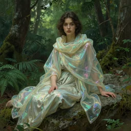detailed portraits of a woman sitting on a rock, mystical verdant forest, iridescent and translucent shawl robes and scarf, artstation, hearthstone, by artgerm, by greg rutkowski, by alphonse mucha, by bouguereau, by ruan jia, by and conrad roset,