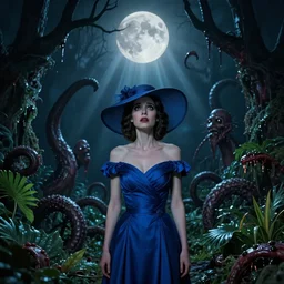 scared jenny barnes looks at top, weared in evening blue cocktail dress and big blue women hat, on arkham horror background at night, evil fluid, lush plants, insane, giant tentacles, lovecraft, full bloody moon, light rays, gnarly trees by tom bagshaw, mucha, gaston bussiere, craig mullins, j. c. leyendecker 8 k