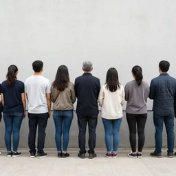people line up in front of wall facing the camera