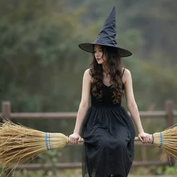 woman wearing a black pointy witch hat, sitting on a horizontal! straw broom