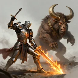 paladin with a flaming sword fighting a minotaur, concept fantasy