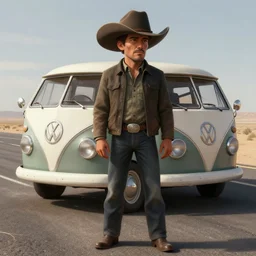 a man wearing a cowboy hat standing by a volkswagen camper on a paved desert highway, digital painting, masterpiece, digital art, concept art, octane render, unreal engine 5, trending on deviantart, highly detailed, high quality, 4 k, realistic and detailed face, cinematic, high coherence, soft lighting, path traced, elegant,