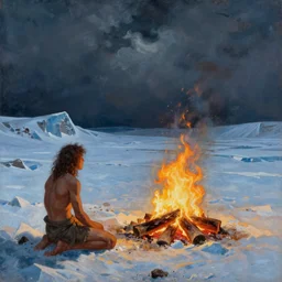 painting of prehistoric caveman, icescape, fire hearth, desolation, by moebius, cinematic light