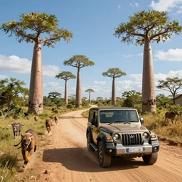 mahindra thar driving through madagascar road with baobabs trees, animals running along, action scene, an epic fantasy, wide shot, artgerm, trending on artstation, masterpiece, by greg rutkowski, by ross tran, by fenghua zhong, octane, soft render, ultrarealistic, colorful, cinematic, shadow of the tomb rider