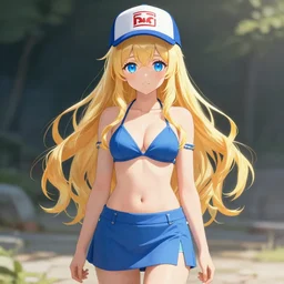 a very beautiful young anime girl with skater cap, full body, long wavy blond hair, sky blue eyes, full round face,, bikini, miniskirt, front view, mid - shot, highly detailed, cinematic wallpaper by stanley artgerm lau