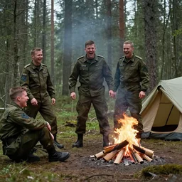 really funny accident in finnish army, most insane scene in the forest in the style of action movie by tony scott, people laughing in the woods, campfire and tents