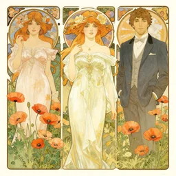 realistic detailed illustration of poppies by Alphonse Mucha, Ayami Kojima, Amano, Charlie Bowater, Karol Bak, Greg Hildebrandt, Jean Delville, and Mark Brooks, Art Nouveau, Pre-Raphaelite, Neo-Gothic, gothic, rich deep moody colors