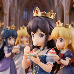 closeup profile face portrait of nendoroid fairytale princesses wearing crowns eating cakes in the cathedral, nicoletta ceccoli, mark ryden, lostfish, max fleischer, depth of field, detailed and intricate gothic environment, 8 k resolution, hyperrealistic, octane render