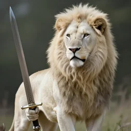a male anthropomorphic albino lion holding a sword,digital art,art by greg rutkowski,trevor henderson,ross tran,photorealistic,hyperdetailes,highly realistic,natural lighting,deviantart,artstation,dramatic,cinematic,4k