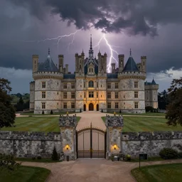 high detail, well maintained castle with moody lighting, far away - shot from the front gate courtyard with lightning in the background, oil painting in the style of seb mckinnon