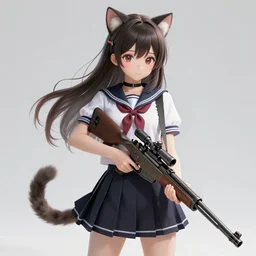 anime, full body, cute, female, a cute girl wearing a school uniform with cat ears and holding a sniper rifle, gorgeous lighting, cat girl, highly detailed, digital painting, art station, sharp focus, frontal view, illustration, concept art, advanced digital anime art