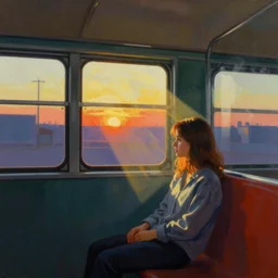 lone girl waiting inside a 70s train in a half remembered dream, stanley kubrick the shinning, vibrant colors americana, cinematic, volumetric lighting, god rays, sunset, realistic, detailed, ultra wide angle view, painting in the style of Edward Hopper