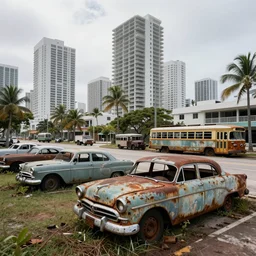 wide angle shot of dilapidated fallout 5 miami, tropical coastal city, desolate, dilapidated, some rusted retro futuristic vintage parked vehicles like cars, buses, trucks, trams, slight overcast weather, fog, volumetric lighting, photorealistic, daytime, autumn, sharp focus, ultra detailed,