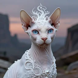 cinestill 5 0 d portrait shot of a dystopian beautiful cyborg white sphynx cat, hybrid total body by flora borsi, in a twilight scenic dystopian environment, intricate white ink fractal hair and dress 1 7 0 0, elegant, highly detailed, digital photo art, artstation, sharp focus, 8 k, 3 d, head in focus, tonal matt tomasz alen kopera,