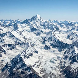 tall mountains covered in snow and glaciers, photo from airplane by Ansel Adams,