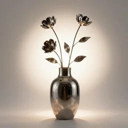 a sculptured vase, metal glossy flowers, modern studio light soft colour, backlight leaves