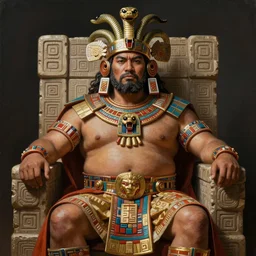 full figure portrait of a beautiful aztec fat male warrior, snake helm, squared beard, rich cerimonial mantle, d & d character, sit on a decorated aztech stone throne, by greg rutkowski and alphonse mucha, hyperealistic, evocative light, highly detailed portrait, digital painting, concept art, smooth, sharp focus illustration, artstation hq