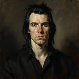 a portrait of nick cave, masterpiece, dramatic lighting, painting by caravaggio and ruan jia and daytoner and jakub rebelka and android jones