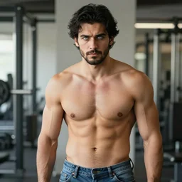 a photograph of a 3 0 - something man that has been to the gym every weekend, and who eats properly, but he doesn't try that hard at it nor does he eat perfectly. a medium chiseled face, with a bit of a day's beard growing in, but not too much. piercing white eyes, short - medium length dark black hair hot wearing jeans leans against