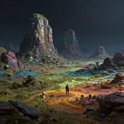 sci - fi landscape matte painting, dark lighting, colorful, sharp focus, 4 k, high detail