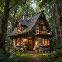 hyper realistic homely witch cottage with random architectural styles, in the woods gorgeous lighting, highly detailed, lush forest architectural render, octane render, ue 5 raytraced