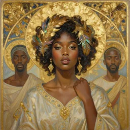 portrait painting of a stunning poc queen, artstation, mymodernmet, by sangsoo jeong, by soey milk, by brad kunkle, by amir ershadi, by ben enwonwu, by alphonse mucha, gold foil aureola, iridescent feathers, divine, saint