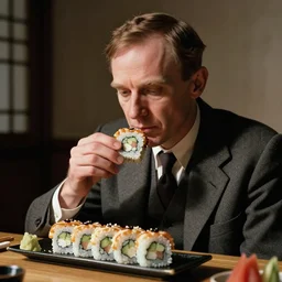 alan turing enjoying a sushi roll, photorealistic