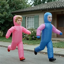 Still from an Agnes Varda film about two housewives dressed as inflatable toys running away from their problems, Technicolor 1980