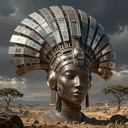 a large sci fi african headdress constructed from sci final plastic panels, concept art, high detail, digital painting, illustration, octane render, unreal engine,