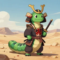 a humanoid caterpillar is in the desert dressed as a Shogun and holding a bloody kata with the face of Nicolas cage on his chest, trending on Artstation