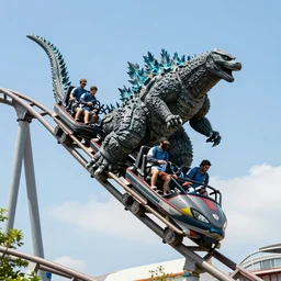 Godzilla riding a roller coaster