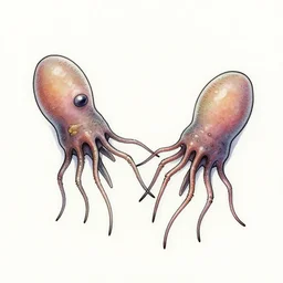 an ink drawing of a pair of anthroponomic amoebas meeting each other.