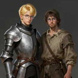 a blond knight in armor with glasses, and his squire in rags with round glasses, fantasy, digital portrait, scifi, realistic, detailed, concept art, comics, ruan jia, wlop