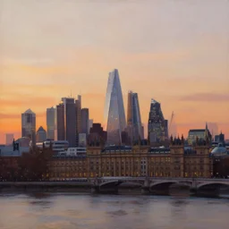 painting of skyline of london at sunset, natural light, concept art, by greg rutkowski, cozy atmospheric and cinematic lighting