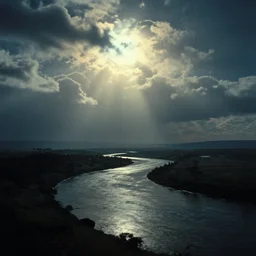 eerie, greek fantasy landscape, shining clouds above the river styx, stanley kubrick movie frame