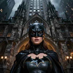 Portrait of Karen Gillan Batgirl, detailed face, symmetrical face:: Batgirl stands in front of entrance to an imposing and magnificent Gotham skyscraper:: twisted gothic architecture, dark Atmosphere, Dramatic lighting, Epic composition, photorealism, very lifelike:: Laura Braga comic art, artgerm::