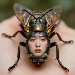 close up hyper realistic photo of insect, aesthetic!!! merged with human faces and body, full colour, upscale, 8 k, masterpiece