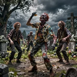 hyper realistic photography of drunk dancing zombie in graveyard brom, mucha, moebius, craig mullins, juan gimenez artstation cgsociety burningman coachella